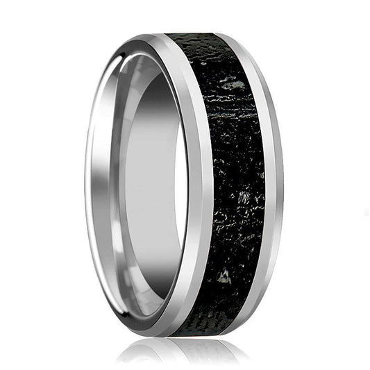 Tungsten Lava Rock Stone - Black & Gray Inlay - Tungsten Wedding Band - Beveled - Polished Finish - 8mm - Tungsten Wedding Ring - AydinsJewelry