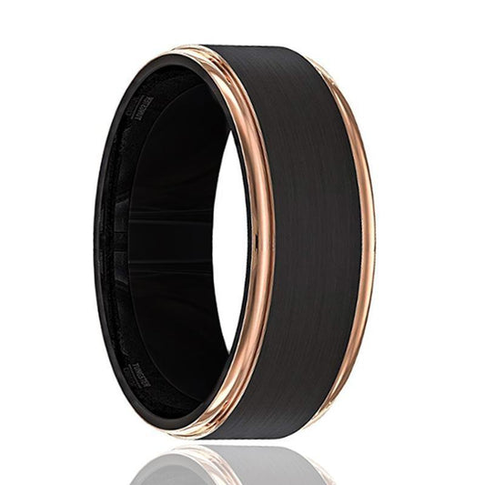 LEONARDO Rose Gold Stepped Edge Black Tungsten Ring