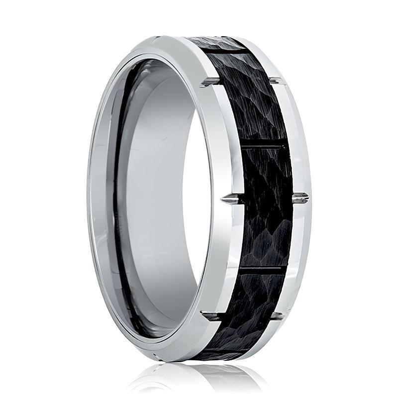 Mens Tungsten Band Black Hammered Design Center 8mm Tungsten Carbide Wedding Ring
