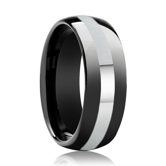 Tungsten Ring Black Shiny Polished Domed Wedding Band w/ Silver Stripe 8mm Tungsten Carbide Wedding Ring
