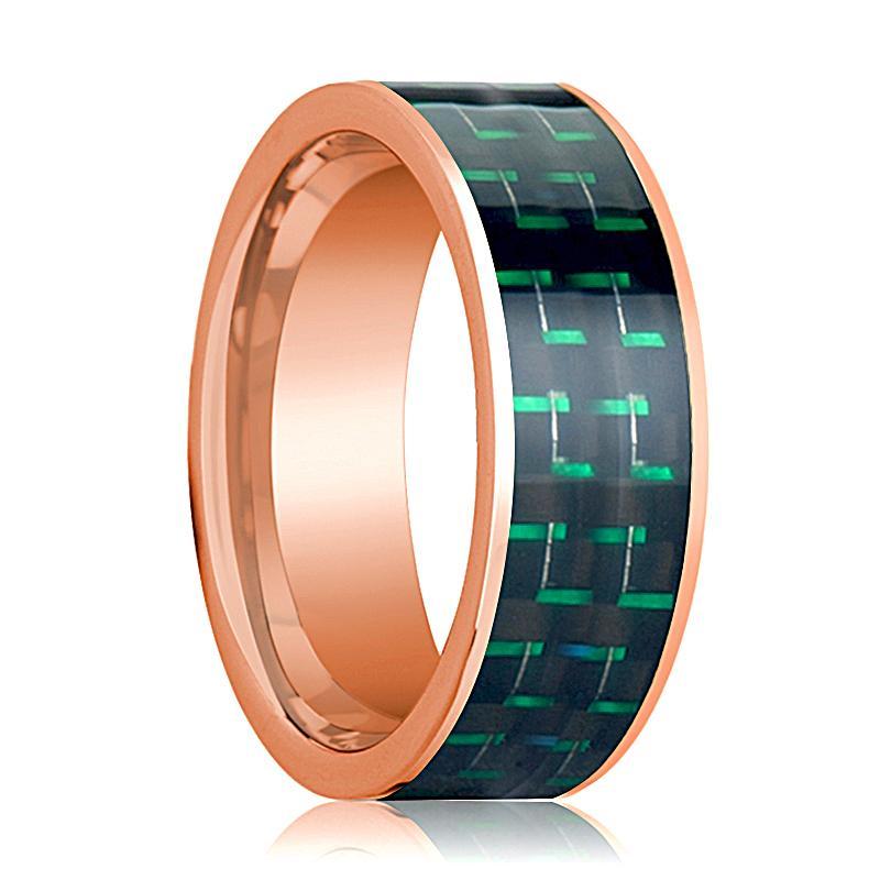 Mens Wedding Band 14K Rose Gold with Black & Green Carbon Fiber Inlay Flat Polished Design