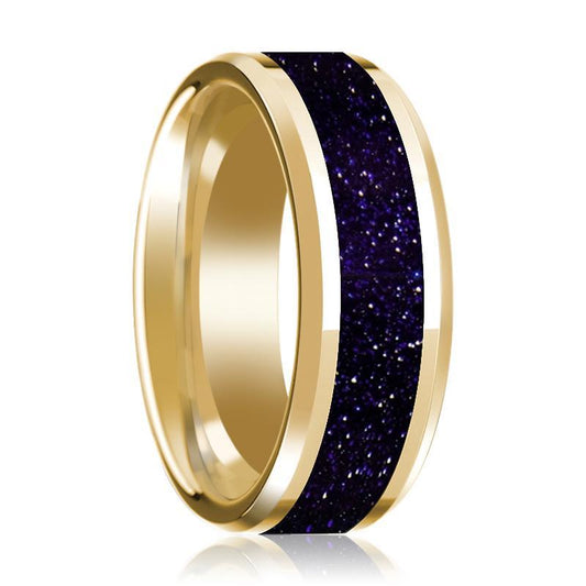 14K Yellow Gold Wedding Band with Purple Goldstone Inlaid Polished Beveled Edge - AydinsJewelry