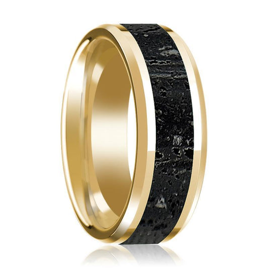 14K Wedding Band in Yellow Gold with Lava Inlay Beveled Edge Polished Design - AydinsJewelry