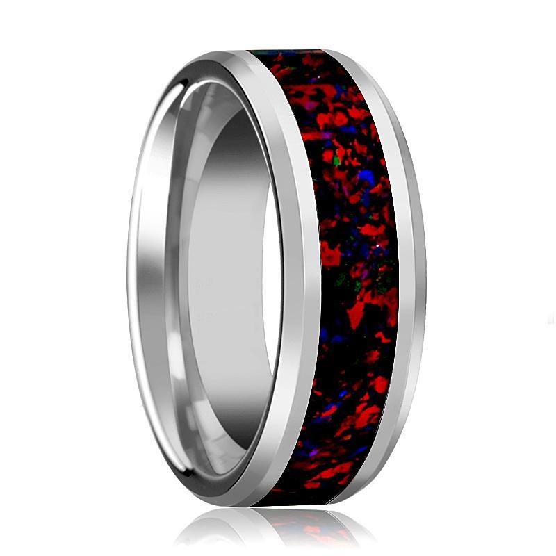 Tungsten Opal Ring - Black Opal Inlay - Tungsten Wedding Band - Beveled - Polished Finish - 8mm - Tungsten Wedding Ring - AydinsJewelry