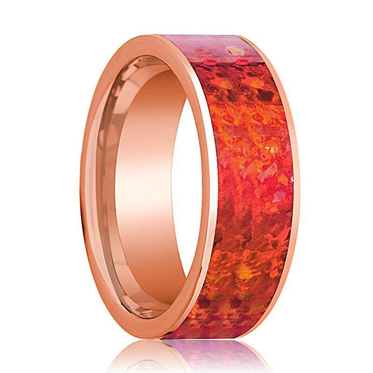 Mens Wedding Band 14K Rose Gold with Red Opal Inlay Flat Polished Design - AydinsJewelry