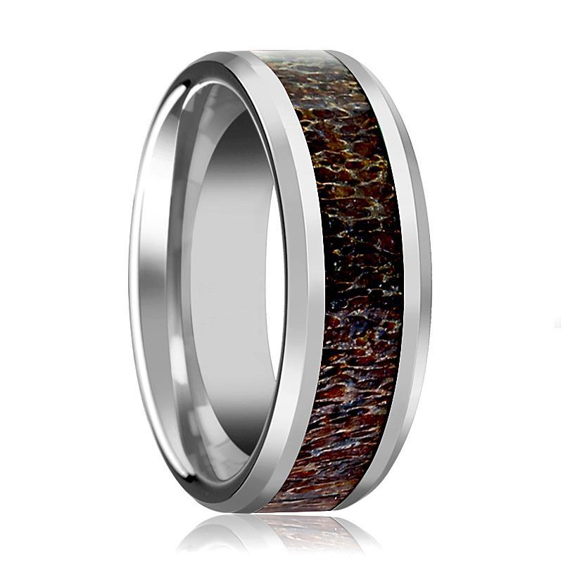Tungsten Dark Brown Antler Inlay - Tungsten Wedding Band - Beveled - Polished Finish - 8mm - Tungsten Wedding Ring - AydinsJewelry