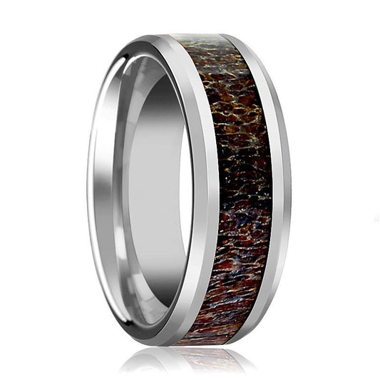 Tungsten Dark Brown Antler Inlay - Tungsten Wedding Band - Beveled - Polished Finish - 8mm - Tungsten Wedding Ring - AydinsJewelry