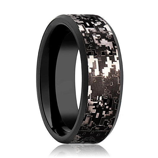 Camo Wedding Band - Black Tungsten - Black Digital Camo - Tungsten Wedding Band - Beveled - Polished Finish - 8mm - Tungsten Wedding Ring