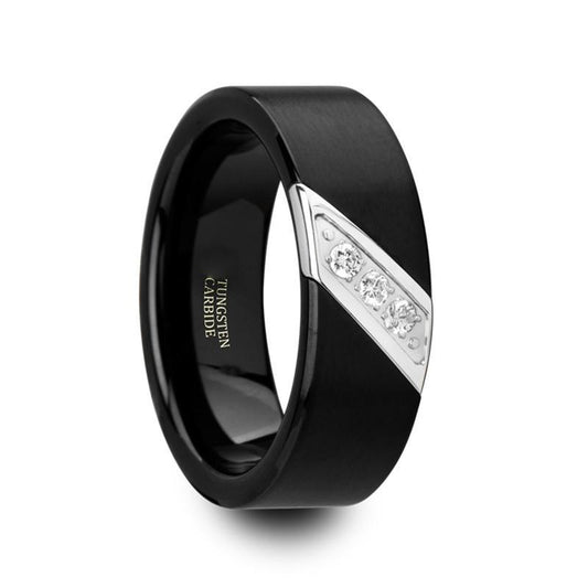 White Diamond Wedding Ring - Black Tungsten Ring - Diamond Tungsten - Flat Brushed - 3 Diamonds - Tungsten Wedding Band - 8mm - AydinsJewelry