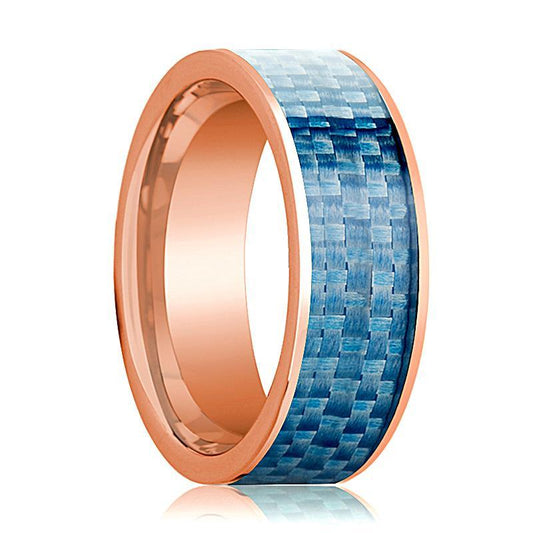 Mens Wedding Band 14K Rose Gold with Blue Carbon Fiber Inlay Flat Polished Design