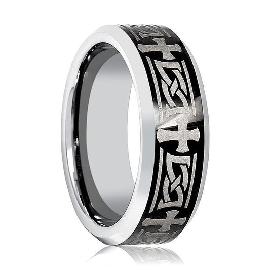 Mens Tungsten Wedding Band Celtic Cross Design Engraved 8mm Tungsten Carbide Ring