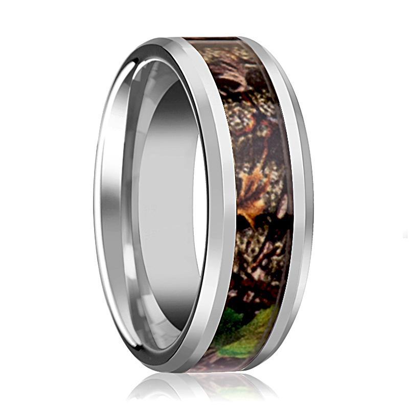 Tungsten Camo Ring - Tree Camo - Green Leaves Camo - Tungsten Wedding Band - Beveled - Polished Finish - 8mm - Tungsten Wedding Ring