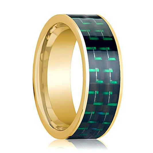 Mens Wedding Band 14K Yellow Gold with Black & Green Carbon Fiber Inlay Flat Polished Design
