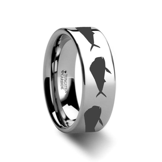 Sea Pattern - Mahi Fish Jumping - Sea Print Ring - Laser Engraved - Flat Tungsten Ring - 4mm - 6mm - 8mm - 10mm - 12mm - AydinsJewelry