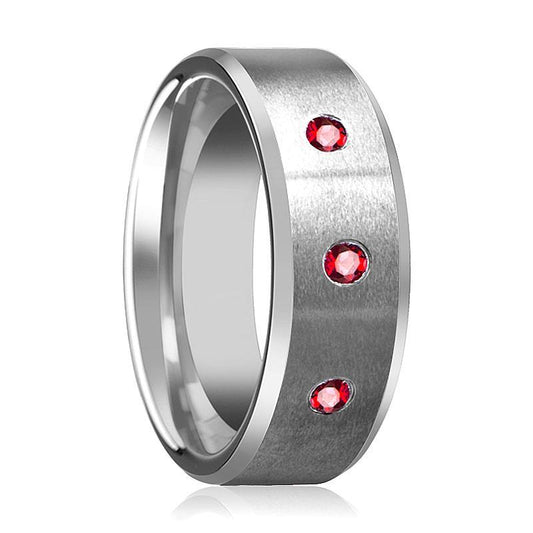 Red Ruby Wedding Ring - Tungsten Ring - Silver Tungsten - Satin Finish - Beveled Edge - Brushed Tungsten - 3 Rubies - Tungsten Wedding Band