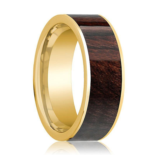 Mens Wedding Band 14k Yellow Gold & Bubinga Wood Inlaid Polished Finish  - 8mm - AydinsJewelry