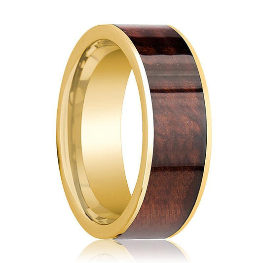 Mens Wedding Band Polished 14k Yellow Gold Flat Wedding Ring with Red Wood Inlay - 8mm - AydinsJewelry
