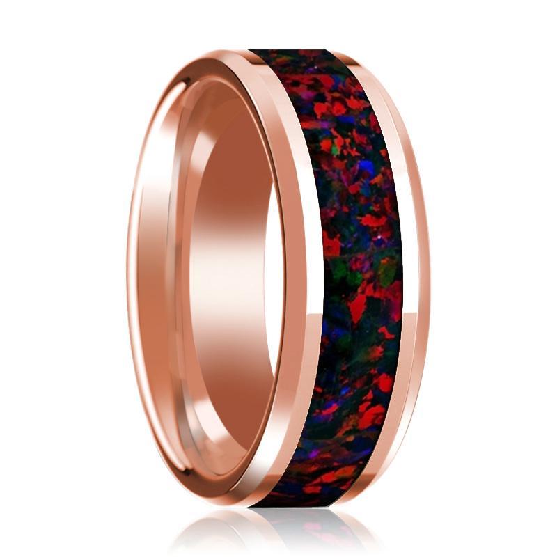 Mens Wedding Band 14K Rose Gold Inlaid with Black and Red Opal Polished Beveled Edge