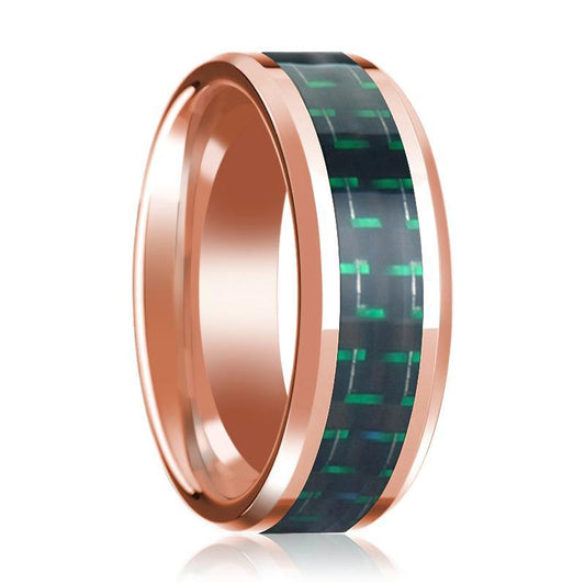 14K Rose Gold Wedding Ring with Black & Green Carbon Fiber Inlay Beveled Polished Design