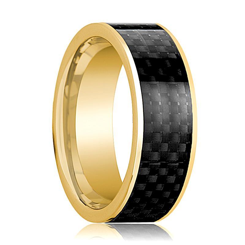 Mens Wedding Band 14K Yellow Gold with Black Carbon Fiber Inlay Flat Polished Design