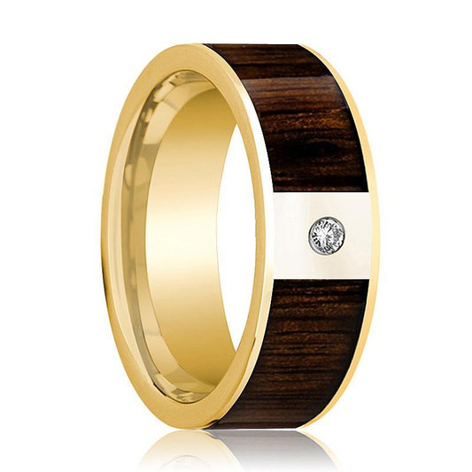 Mens Wedding Band Polished 14k Yellow Gold & Black Walnut Inlay with Diamond - 8mm - AydinsJewelry