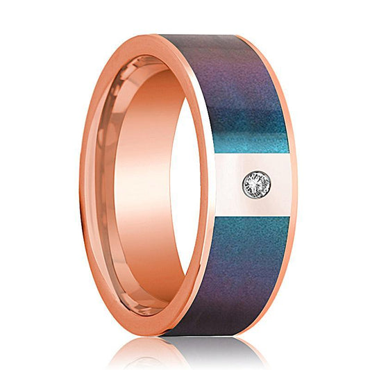 Mens Wedding Band 14K Rose Gold with Blue/Purple Color Changing Inlaid and Diamond Flat Polished Design - AydinsJewelry