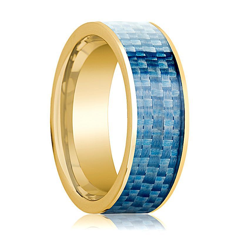 Mens Wedding Band 14K Yellow Gold with Blue Carbon Fiber Inlay Flat Polished Design