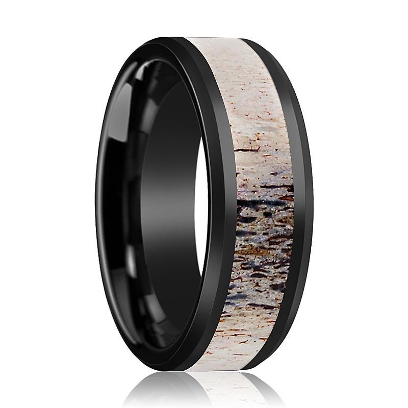 Black Ceramic Ring - Ombre Antler Inlay - Ceramic Wedding Band - Beveled - Polished Finish - 8mm - Ceramic Wedding Ring - AydinsJewelry