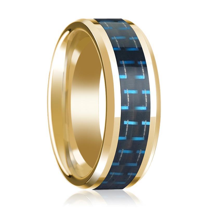 Mens Wedding Band Black & Blue Carbon Fiber Inlay with 14K Yellow Gold Beveled Edge Polished Design