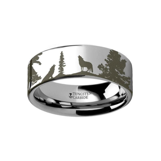 Animal Landscape Scene - Wolf - Wolves Ring - Laser Engraved - Flat Tungsten Ring - 4mm - 6mm - 8mm - 10mm - 12mm - AydinsJewelry