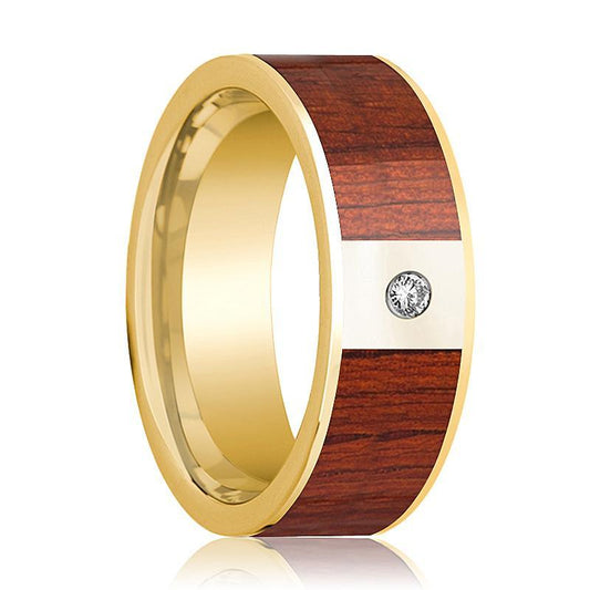 Mens Wedding Ring Polished 14k Yellow Gold Flat Wedding Band with Padauk Wood Inlay & Diamond - 8mm - AydinsJewelry