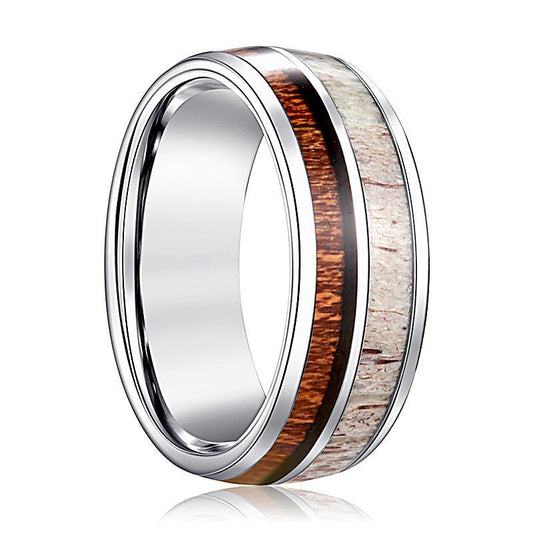 ALFA Wood and Deer Antler Inlaid Mens Wedding Ring