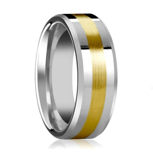 14k Gold Stripe Tungsten Wedding Band, Beveled Edges Polished Finish 6mm, 8mm