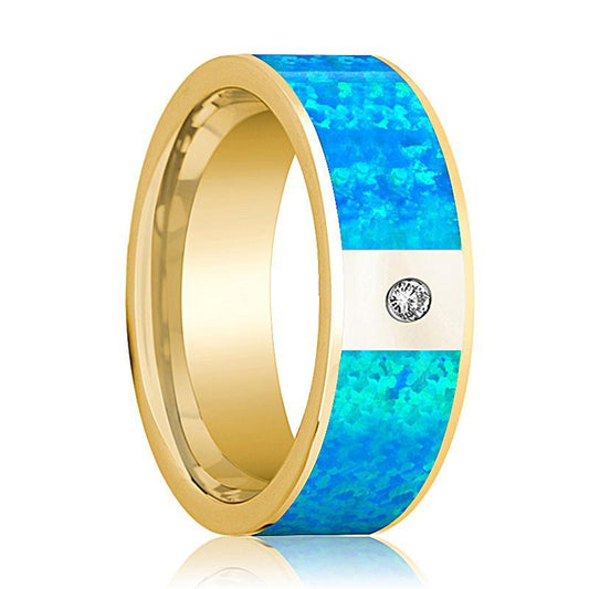 Mens Wedding Band 14K Yellow Gold with Blue Opal Inlay and Diamond Flat Polished Design - AydinsJewelry