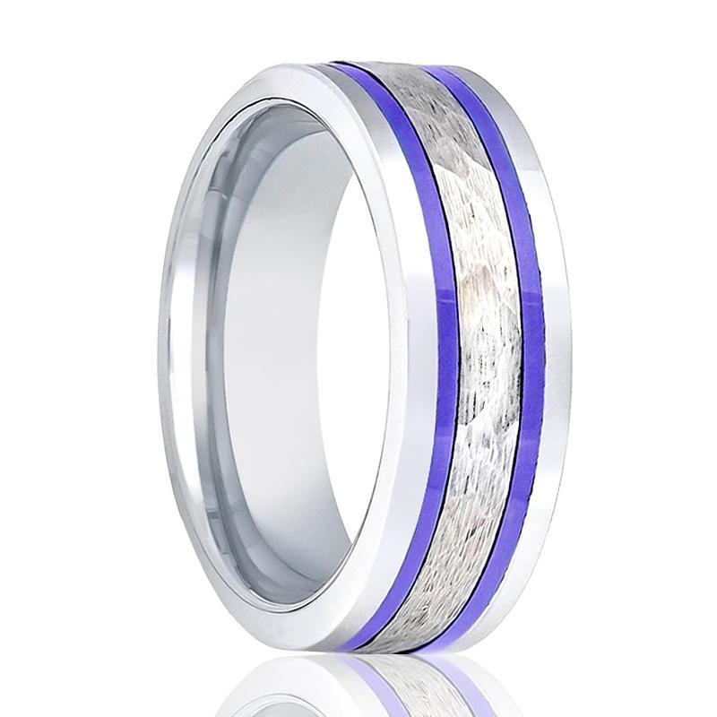 Tungsten Wedding Band Pipe Cut Hammered Center w/ Two Blue Hue Trims 8mm Tungsten Carbide Ring