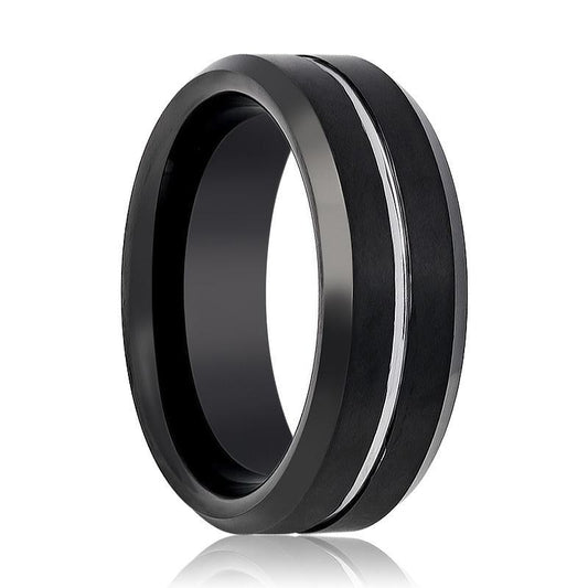 Tungsten Mens Wedding Band Black Brushed w/ Silver Groove 8mm Tungsten Carbide Ring