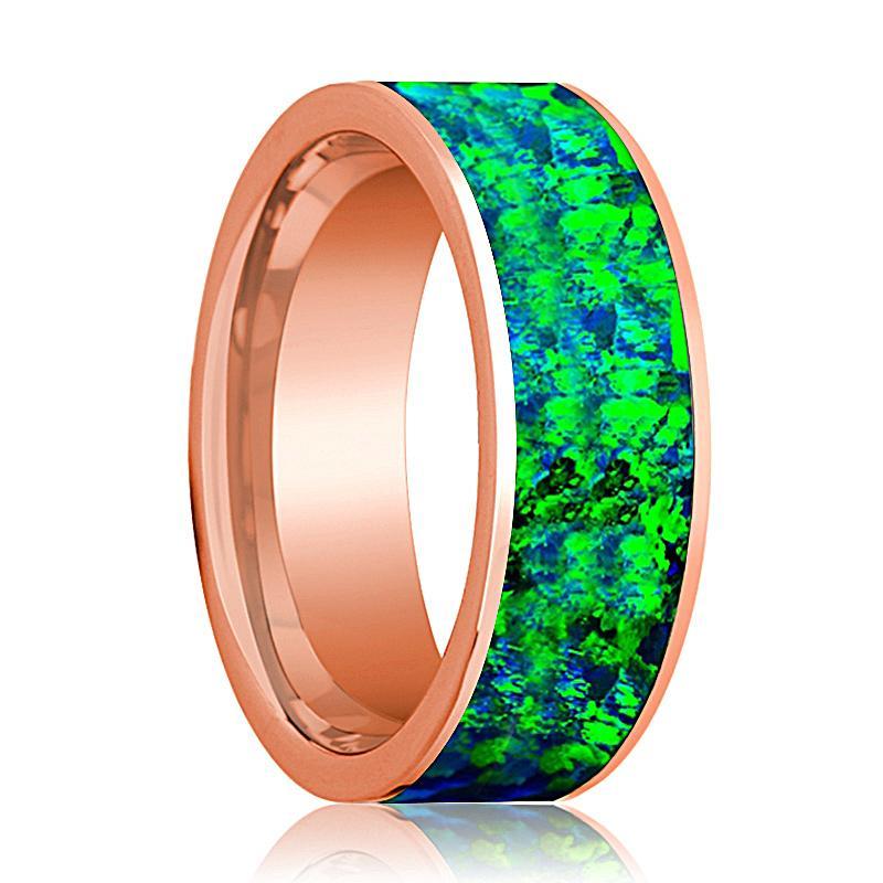 Mens Wedding Band 14K Rose Gold with Emerald Green and Sapphire Blue Opal Inlay Flat Polished Design - AydinsJewelry