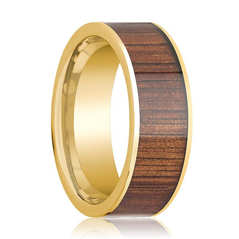 Mens Wedding Ring 14K Pipe Cut Yellow Gold Ring Wedding Band with Rare Koa Wood Inlay and Polished Edges - 8mm - AydinsJewelry