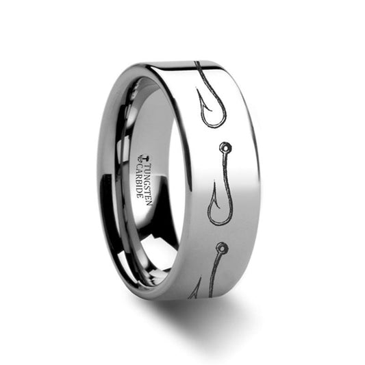 Sea Pattern - Fishing Hook - Sea Print Ring - Laser Engraved - Flat Tungsten Ring - 4mm - 6mm - 8mm - 10mm - 12mm - AydinsJewelry