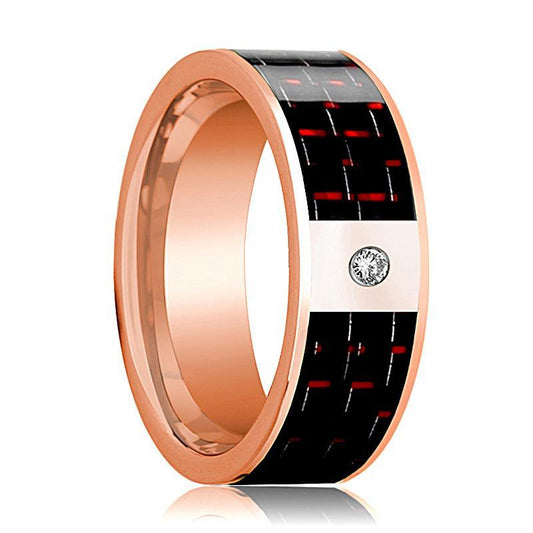 Mens Wedding Band 14K Rose Gold and Diamond with Black & Red Carbon Fiber Inlay Flat Polished Design