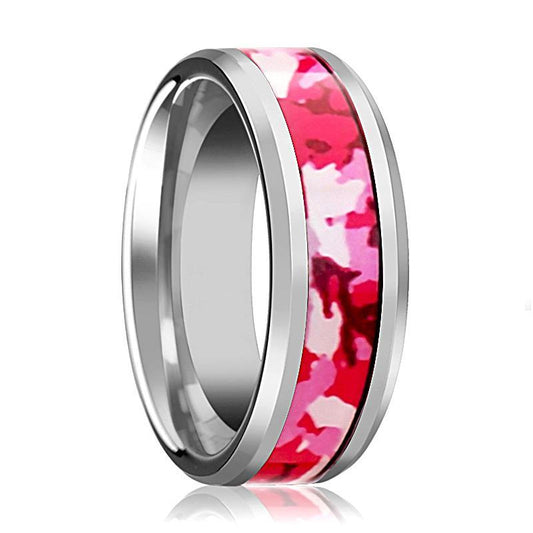 Tungsten Camo Ring - Pink and White Camouflage - Tungsten Wedding Band - Beveled - Polished Finish - 6mm - 8mm - Tungsten Wedding Ring