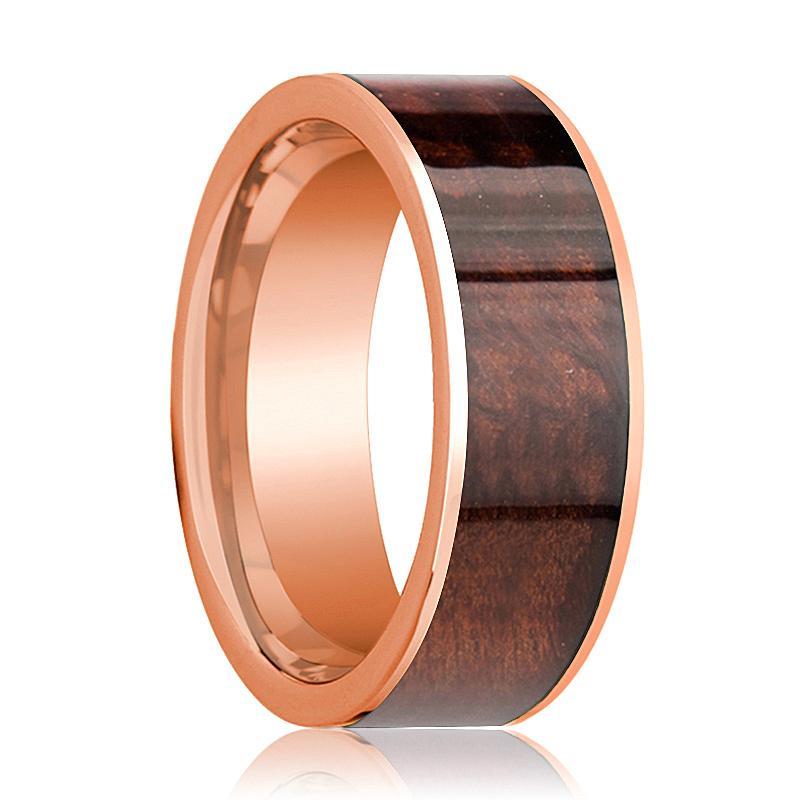 Mens Wedding Band Polished Flat 14k Rose Gold Wedding Ring with Red Wood Inlay - 8mm - AydinsJewelry