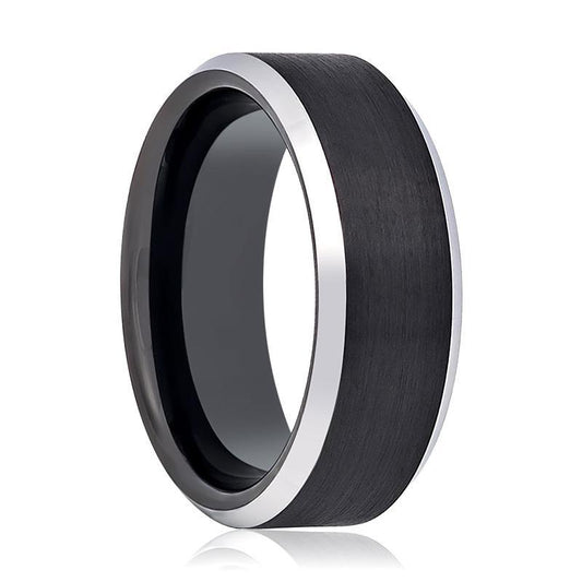 Tungsten Ring Black Brushed Center Silver Polished Beveled Edge Wedding Band 4mm, 6mm, 7mm, 8mm, 10mm Tungsten Carbide Wedding Ring