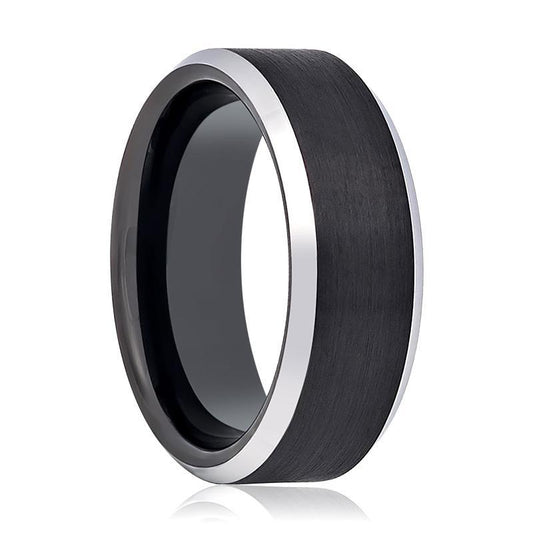 Tungsten Ring Black Brushed Center Silver Polished Beveled Edge Wedding Band 4mm, 6mm, 7mm, 8mm, 10mm Tungsten Carbide Wedding Ring