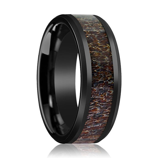 BONY Dark Brown Antler Inlaid in Ceramic Wedding Band - AydinsJewelry