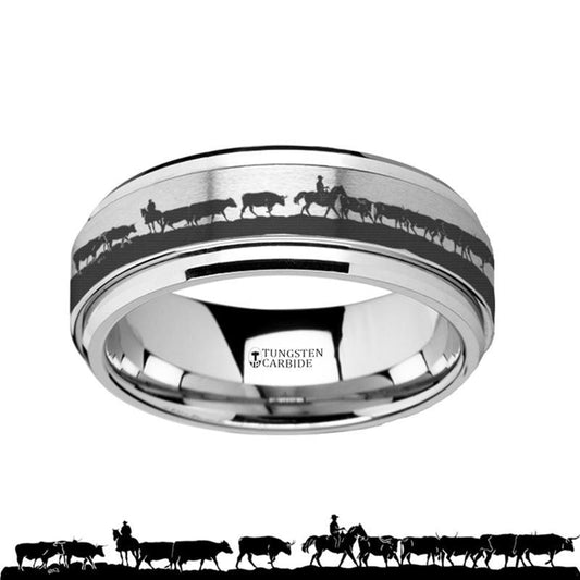 Animal Landscape Scene - Herding Cattle - Spinning Tungsten Ring - Spinner Laser Engraved - Tungsten Carbide Wedding Band - 8mm - AydinsJewelry