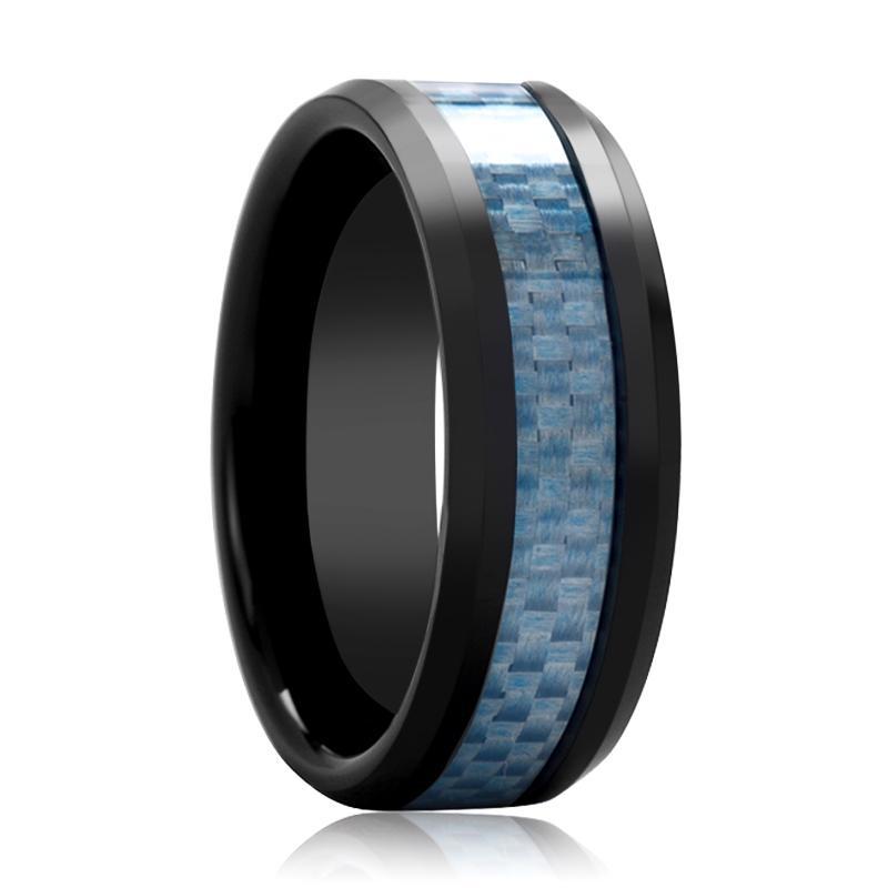 AZIEL Black Ceramic Ring with Blue Carbon Fiber