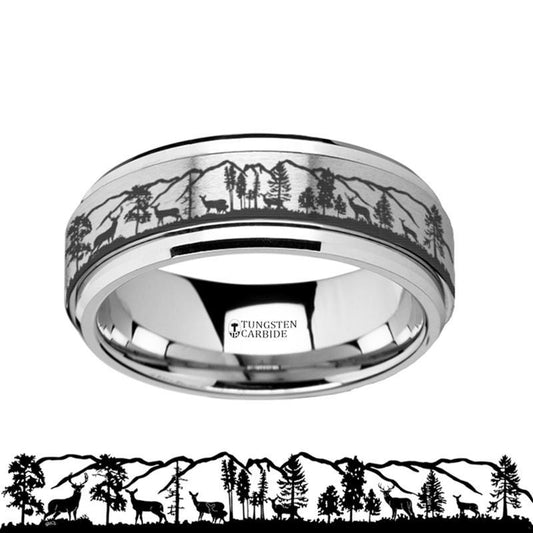 Animal Landscape Scene - Roaming Deer Stag - Spinning Tungsten Ring - Spinner Laser Engraved  - Tungsten Carbide Wedding Band - 8mm - AydinsJewelry
