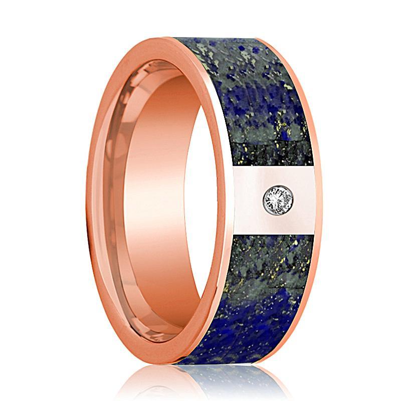 Mens Wedding Band 14K Rose Gold with Blue Lapis Lazuli Inlay and Diamond Flat Polished Design - AydinsJewelry