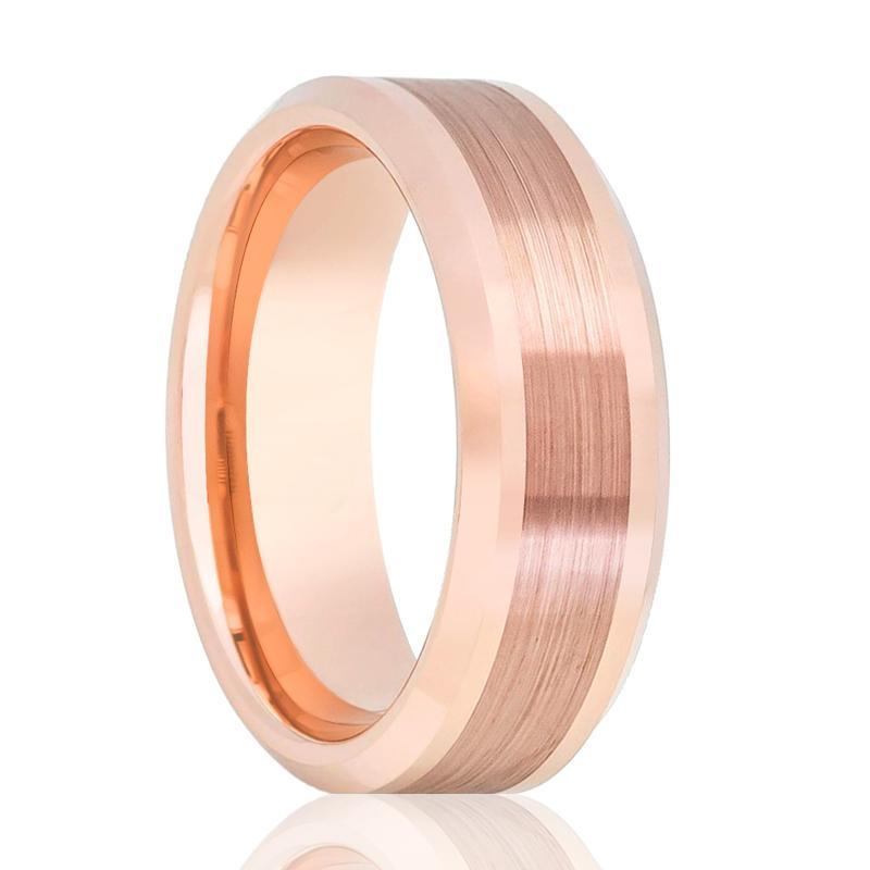 Rose Gold Tungsten Mens Ring Brushed Center 8mm Beveled Edge Tungsten Carbide Wedding Band